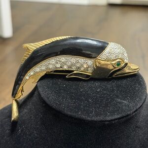 Vintage brass/ Gold and Black enameled Fish  large shoulder Brooch